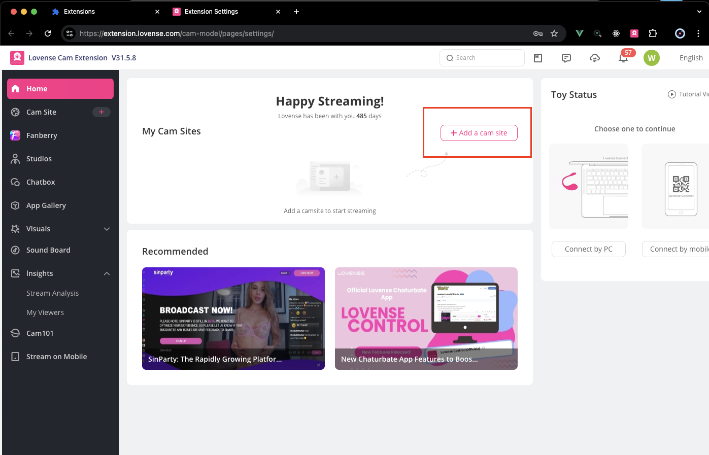 Lovense Add Cam Site