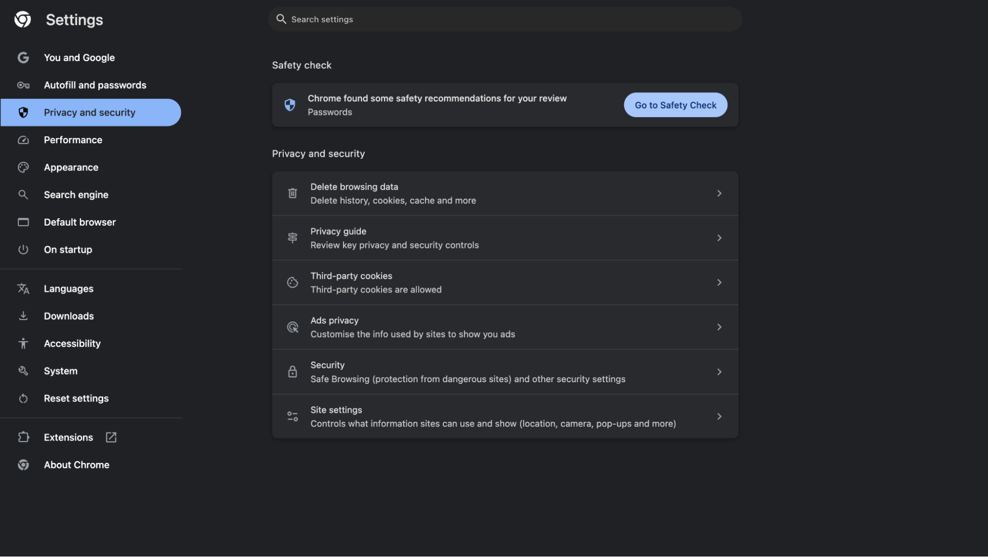 Privacy and Security Site Settings