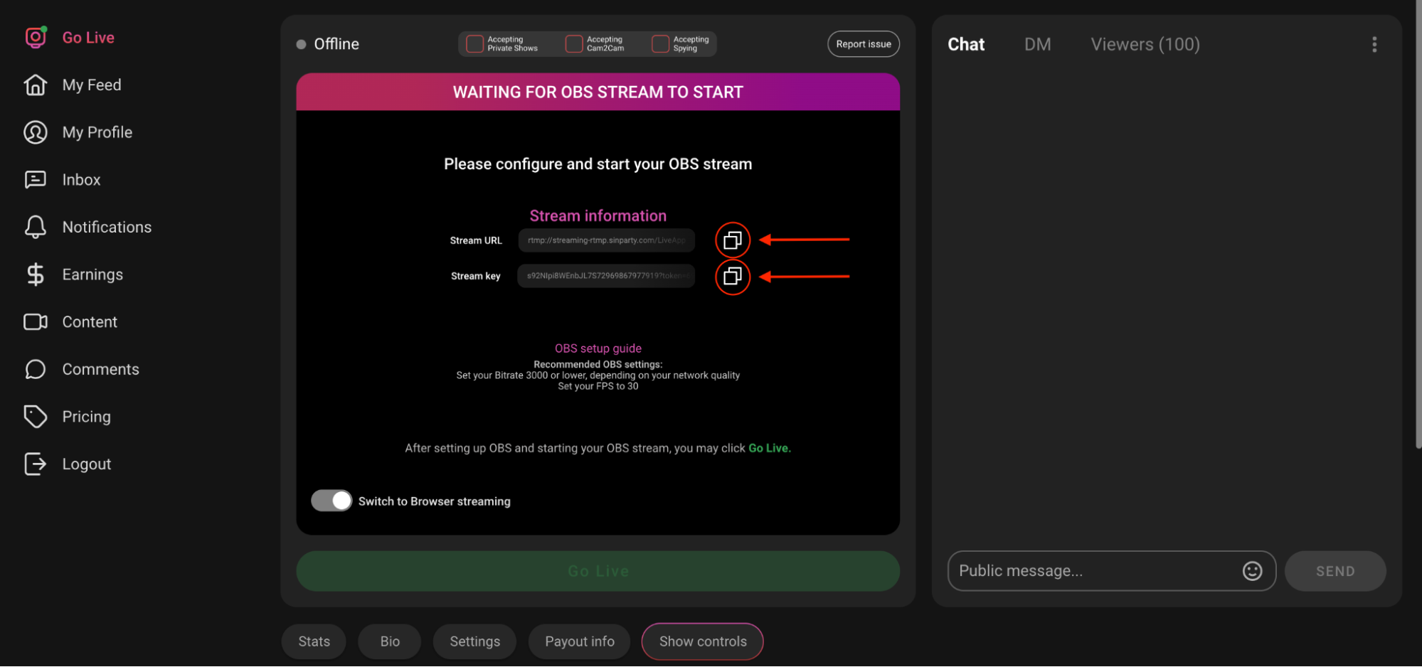 OBS Stream URL and Key